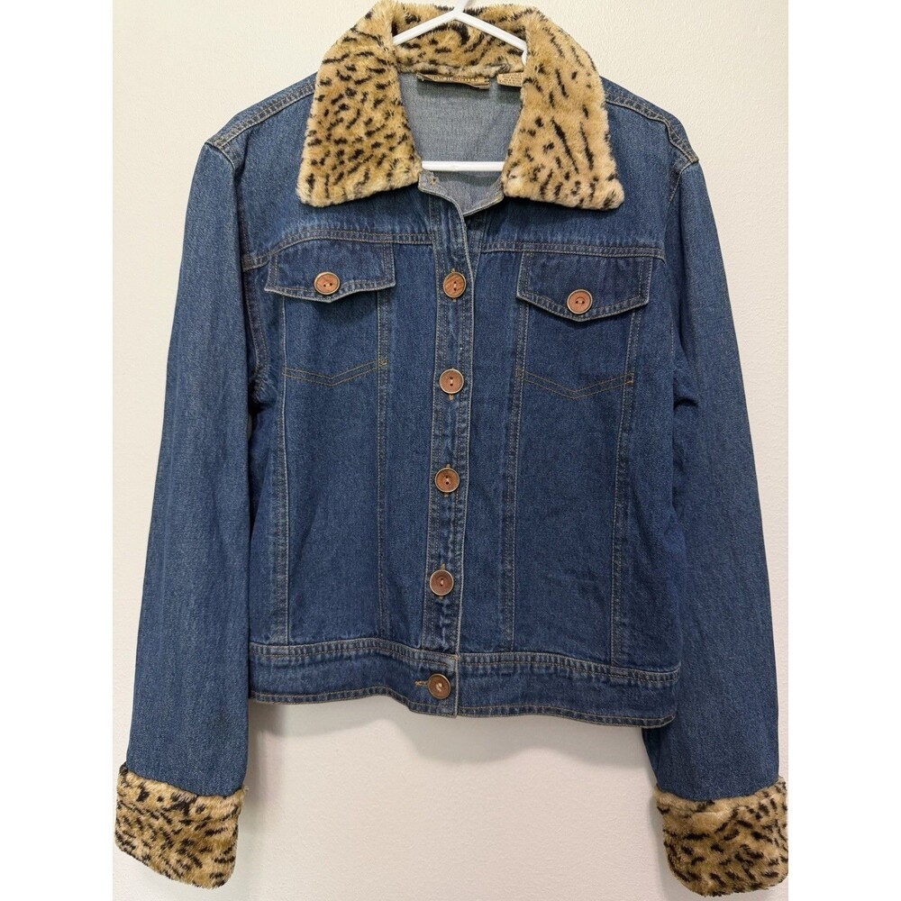 New Identity Vintage Y2K Blue Denim Jacket Cheetah Print Size M 100% Cotton